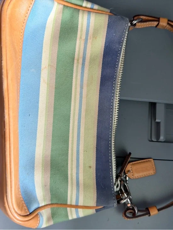 Coach Striped Canvas and Leather Wristlet in Blue, Green, Tan - Picture 3 of 7